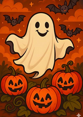 Cute Halloween Ghost and Pumpkins