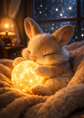 Cute Bunny Holding a Glowing Moon