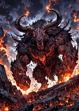Fiery Minotaur in Ruined City