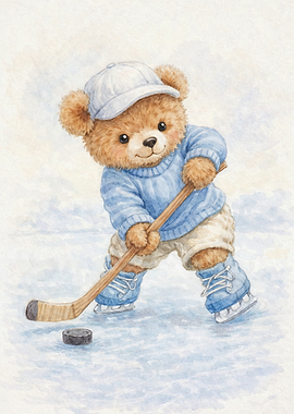 Vintage Teddy Bear Ice Hockey Nursery Poster