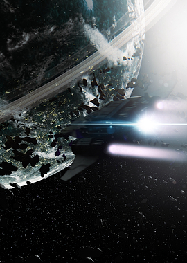 Spaceship near a ringed planet