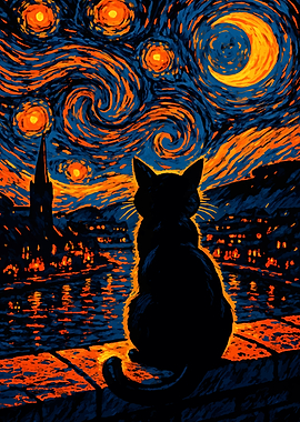 Black Cat in Starry Night Cityscape