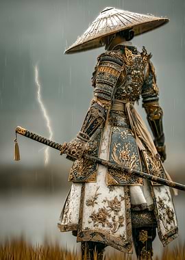 Golden Samurai Warrior during Storm
