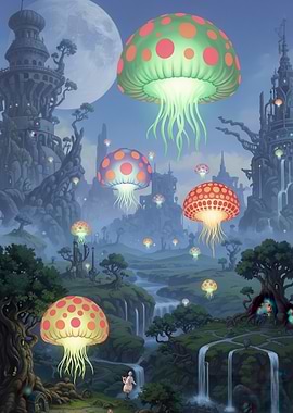 Fantasy Landscape with Bioluminescent Jellyfish
