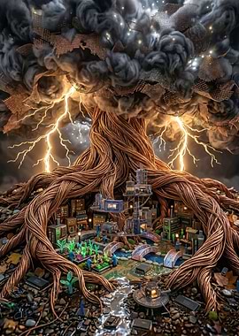 Cyberpunk Tree City with Lightning