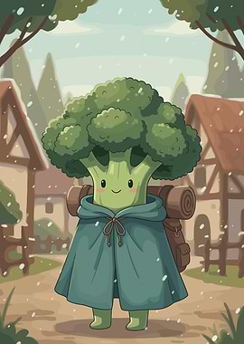 Cute Broccoli Character in Winter Village