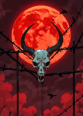 Skull on Barbed Wire Under Blood Moon
