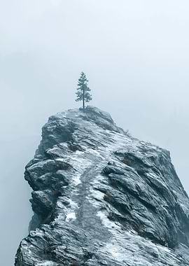 Lone Tree on Snowy Mountain Peak