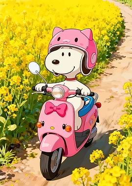Snoopy riding a pink scooter