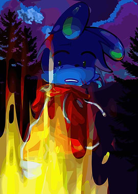Sad blue character in a forest fire