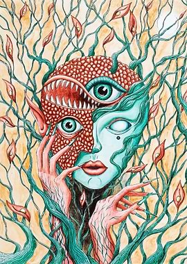 Surreal Creature with Multiple Eyes and Branches