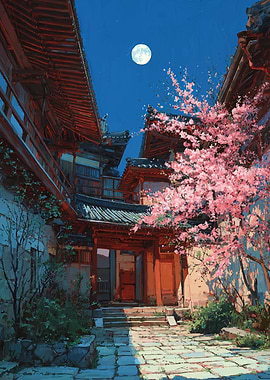 Moonlit Cherry Blossoms in Japanese Courtyard