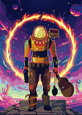 Astronaut with Guitar in Fiery Ring