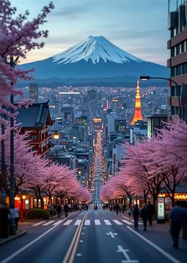 Tokyo Street with Mount Fuji and Cherry Blossoms