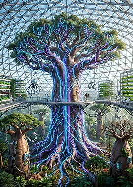 Futuristic Bioluminescent Tree in Greenhouse