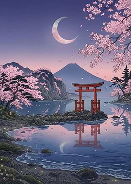 Serene Japanese Landscape with Torii Gate