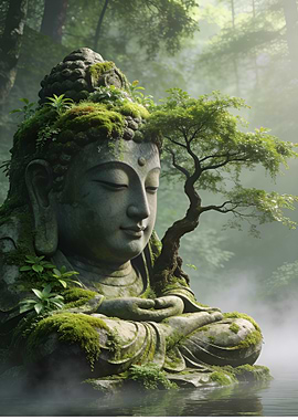 Moss-Covered Buddha Statue in Forest