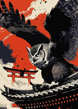 Owl Landing on Japanese Temple Roof