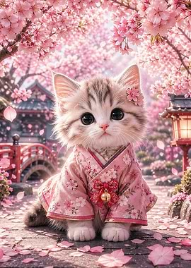 Cute Kitten in Kimono Under Cherry Blossoms