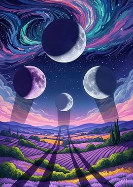 Dreamy Lavender Landscape with Multiple Moons