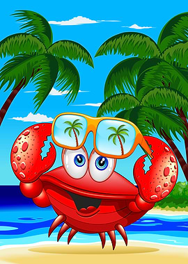 Cartoon Crab Wearing Sunglasses on Beach