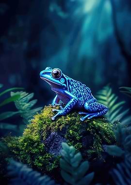 Vibrant Blue Frog on Mossy Rock