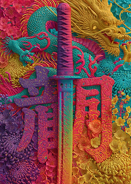 Vibrant Dragon and Katana with Flowers