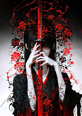 Gothic Anime Girl with Katana and Roses
