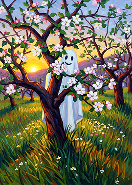 Ghost in a blooming orchard at sunset