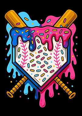Baseball Donut Poster, Dripping Frosting Home Plate Art, Colorful Sports Wall Print