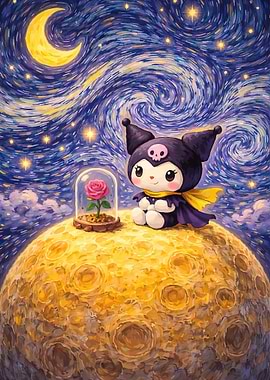Kuromi on the Moon with a Rose
