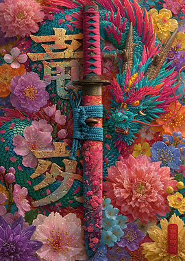 Samurai Sword with Dragon and Flowers