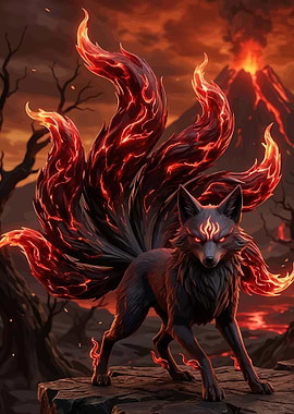 Fiery Nine-Tailed Fox in Volcanic Landscape