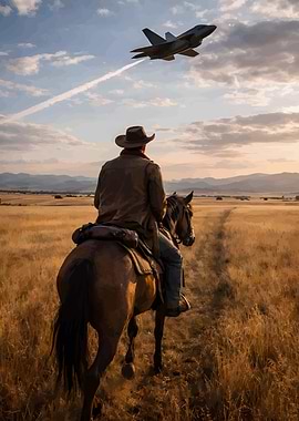 Cowboy and Jet in a Field