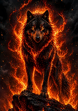 Fiery Wolf Standing on Rocks