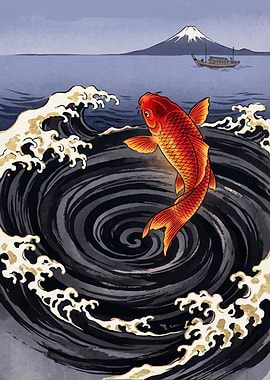Koi Fish in a Whirlpool with Mt. Fuji
