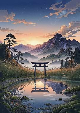 Serene Japanese Mountain Landscape with Torii Gate