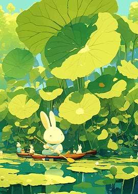 Cute Bunnies Rowing a Boat