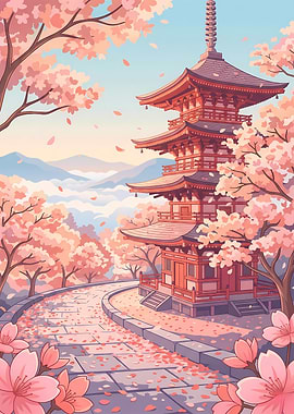 Tranquil Cherry Blossom Pagoda Path