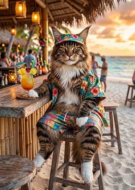 Maine Coon Tiki Bar Sunset Vibes – Funny Beach Cat