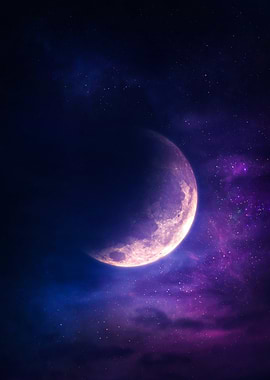 Crescent Moon Purple Galaxy Poster – Night Sky Wall Art, Celestial Moon Print, Cosmic Bedroom Decor