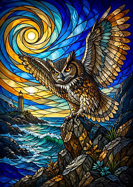Stained Glass Owl Overlooking Lighthouse and Sea