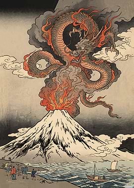 Dragon Erupting from Volcano