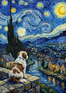 Dog Overlooking Starry Night Village