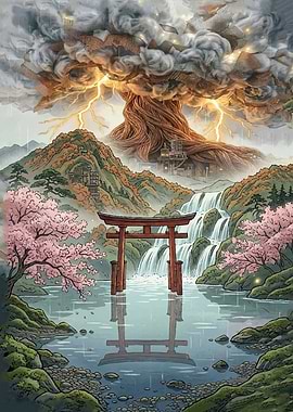 Mystical Japanese Landscape with Torii Gate