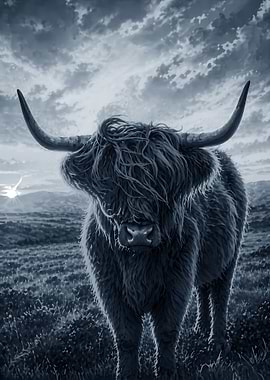 Highland Cow in Moody Landscape