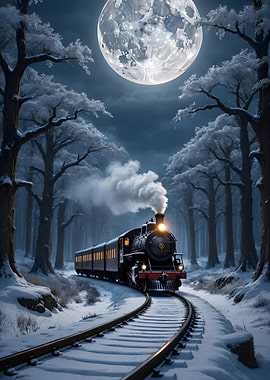 Winter Train Journey Under the Moon