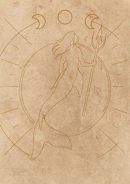 Mystical Merman with Trident and Celestial Symbols