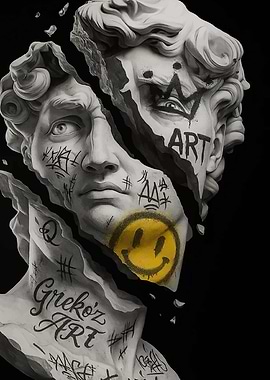 Graffiti-covered broken statue