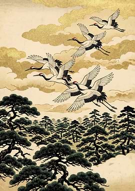 Cranes Flying Over Pine Forest